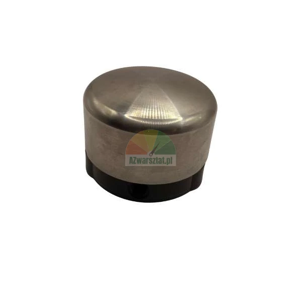 Zylindrische Metallkappe mit polierter silberner Oberseite und schwarzem Sockel.