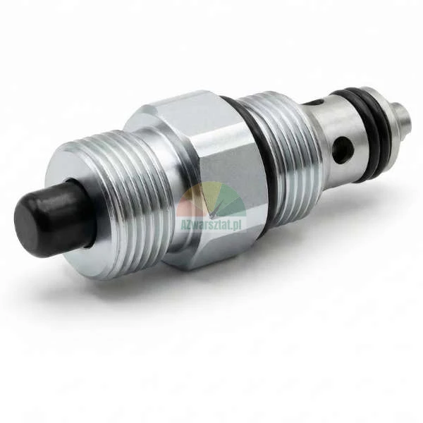 Hydraulisches Einbauventil aus Metall mit schwarzem Betätigungsknopf und O-Ring-Dichtungen.