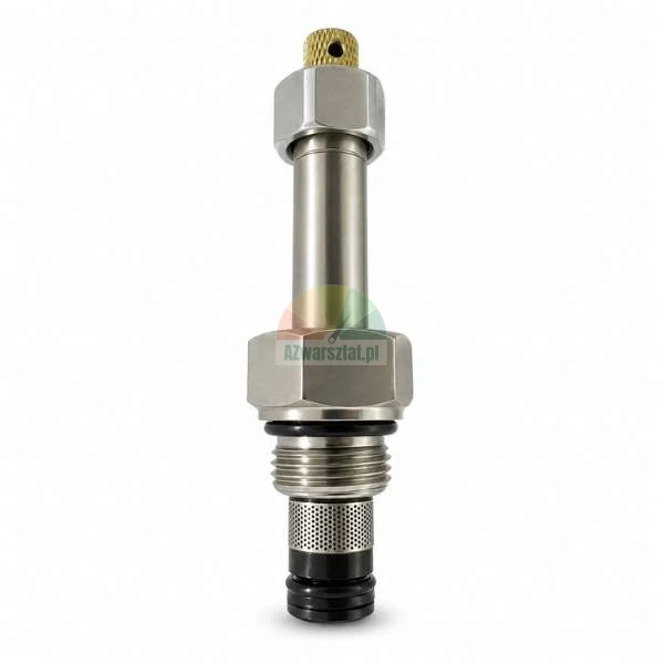 Hydraulikventil aus Metall mit Messing-Einstellschraube, Gewinde und Siebfilter auf weißem Hintergrund.