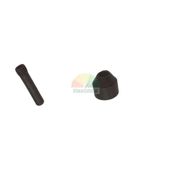 Zwei schwarze Gummikomponenten für die Industrie, ein langer gerippter Stift und eine konische Tülle, isoliert auf weißem Hintergrund.