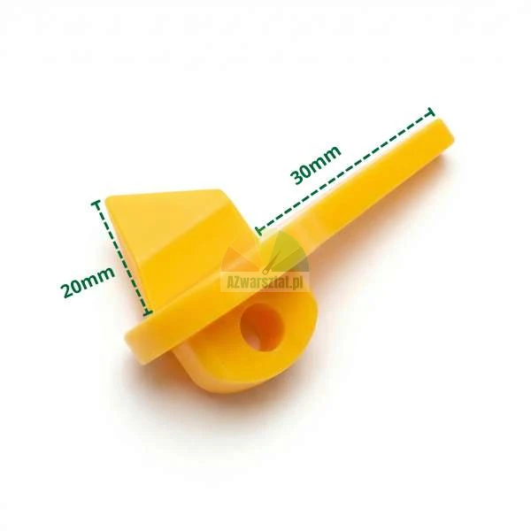 Gelbes Kunststoffteil für eine Verriegelung mit markierten Maßen von 20 mm und 30 mm.