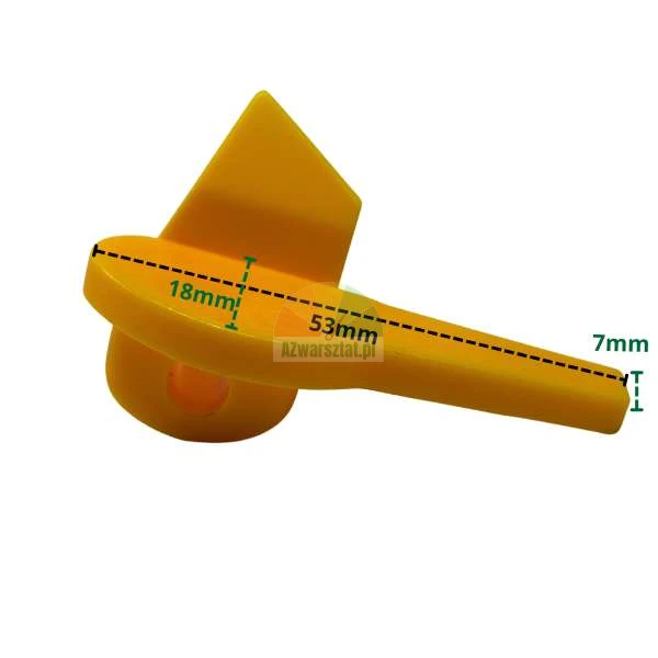 Gelber Kunststoff-Kippschalter mit einer Länge von 53mm, einer Höhe von 18mm und einer Dicke von 7mm.