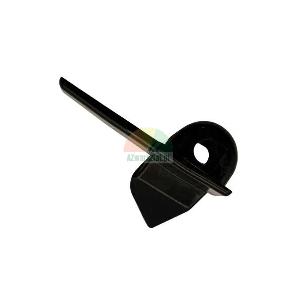 Schwarzes Kunststoff-Montageelement mit einem Schraubloch und einem hervorstehenden Arm.