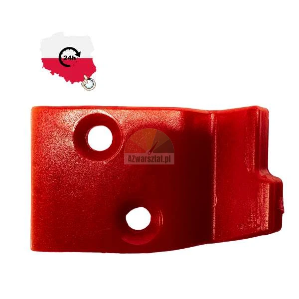 Rotes Industriemaschinenteil mit zwei Befestigungslöchern auf weißem Hintergrund.