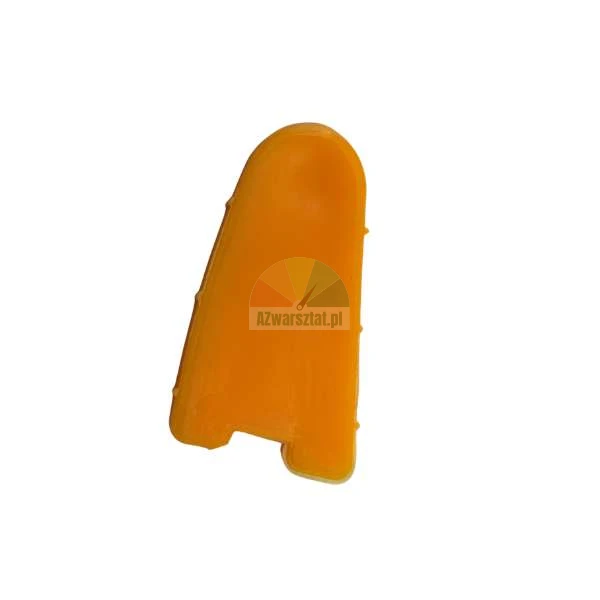 Orangefarbene Schutzkappe aus Kunststoff mit unregelmäßiger Form auf weißem Hintergrund.