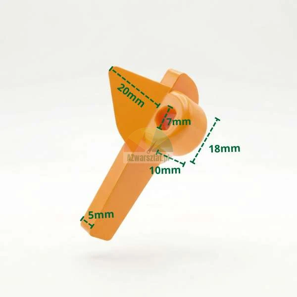 Orangenes Kunststoffteil mit Maßangaben: 20mm, 18mm, 10mm, 7mm und 5mm auf weißem Hintergrund.