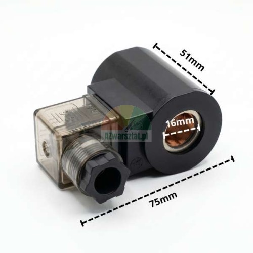 Magnetspule 16mm 24V DC mit Stecker und Abmessungen