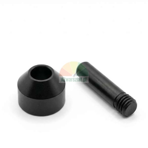 Schwarze Führungsrolle für Montierkopf der Reifenmontiermaschine mit Gewindestift auf weißem Hintergrund.