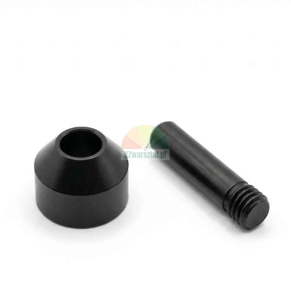 Schwarze Führungsrolle für Montierkopf der Reifenmontiermaschine mit Gewindestift auf weißem Hintergrund.