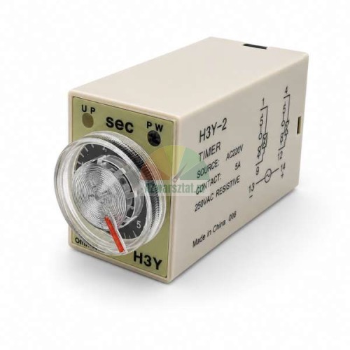 Zeitrelais H3Y-2 AC 220V mit 5-Sekunden-Bereich und 8 Pins, ausgestattet mit einem transparenten Einstellrad und Schaltplan.