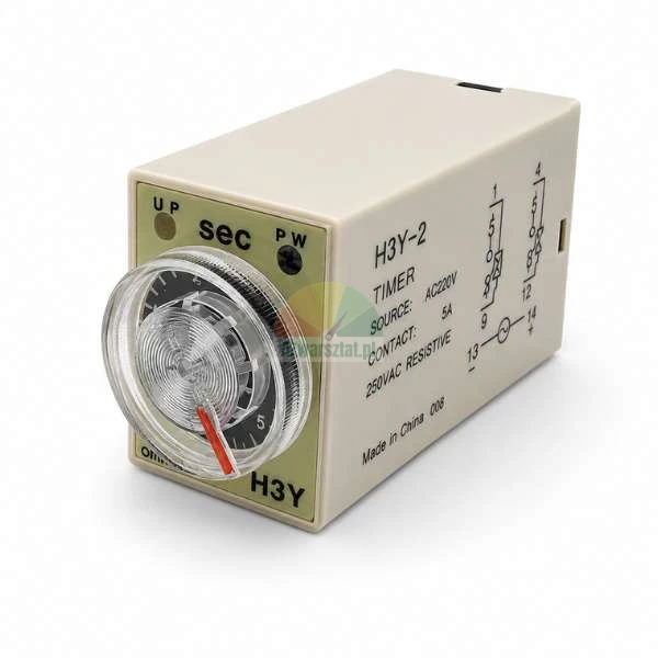 Zeitrelais H3Y-2 AC 220V mit 5-Sekunden-Bereich und 8 Pins, ausgestattet mit einem transparenten Einstellrad und Schaltplan.