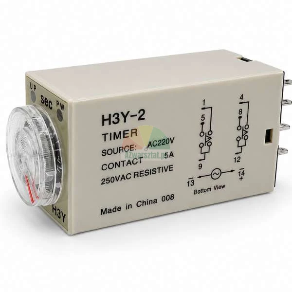 H3Y-2 Zeitrelais AC 220V mit transparentem Einstellrad und einem Schaltplan auf dem Gehäuse.
