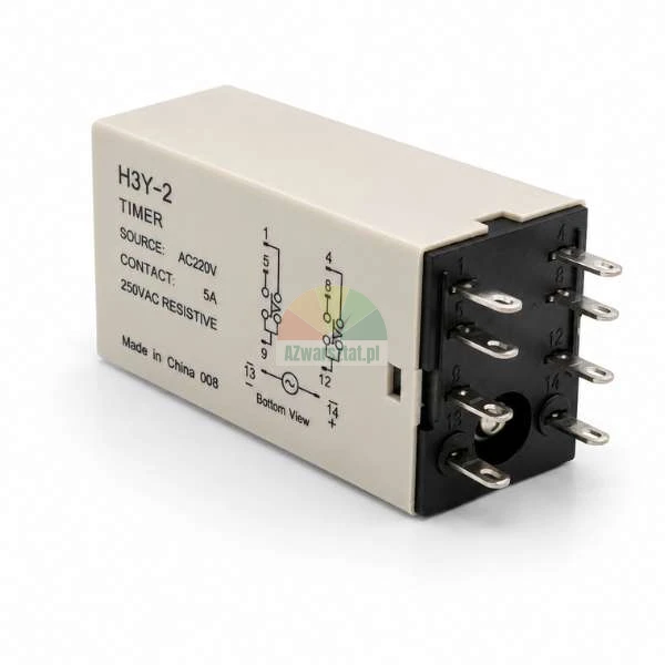 Zeitrelais H3Y-2 für AC220V mit Anschlussplan an der Seite und 8 Pins auf der Rückseite.