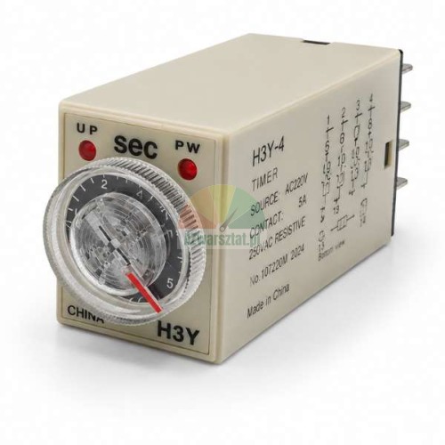 Zeitrelais H3Y-4, 220V AC, Einstellbereich bis 5 Sekunden, 14-polig, mit Drehknopf und LED-Anzeigen.