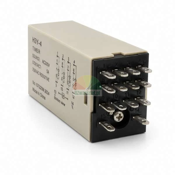 Elektronisches Zeitrelais H3Y-4 mit 14 Metallstiften und Anschlussdiagramm auf der Seite, AC 220V.