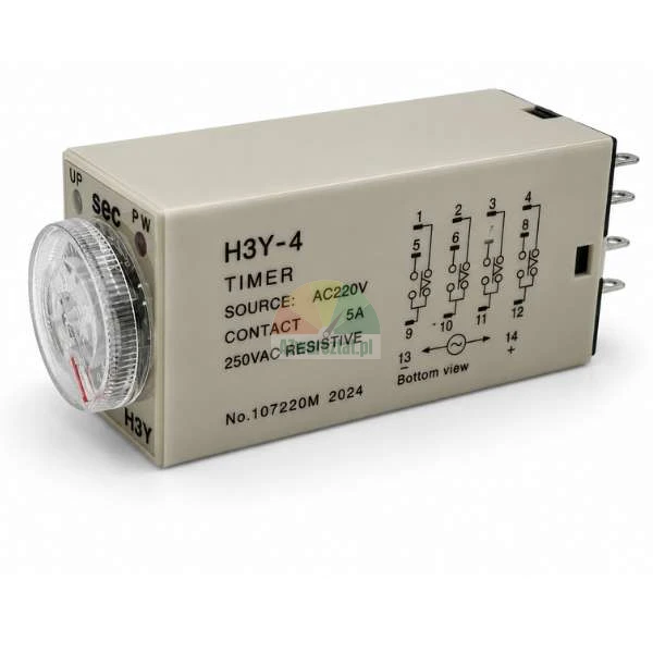 Zeitrelais H3Y-4 mit transparentem Einstellrad, AC 220V Spannungsversorgung und Schaltplan auf der Gehäuseseite.