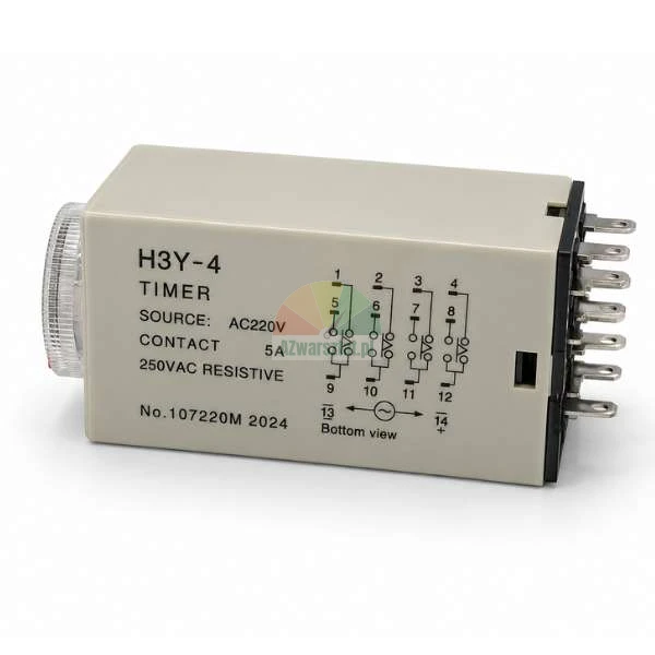 Elektronisches Zeitrelais H3Y-4 mit AC 220V Spannungsversorgung, Schaltplan, Einstellrad und Anschlussstiften auf weißem Hintergrund.
