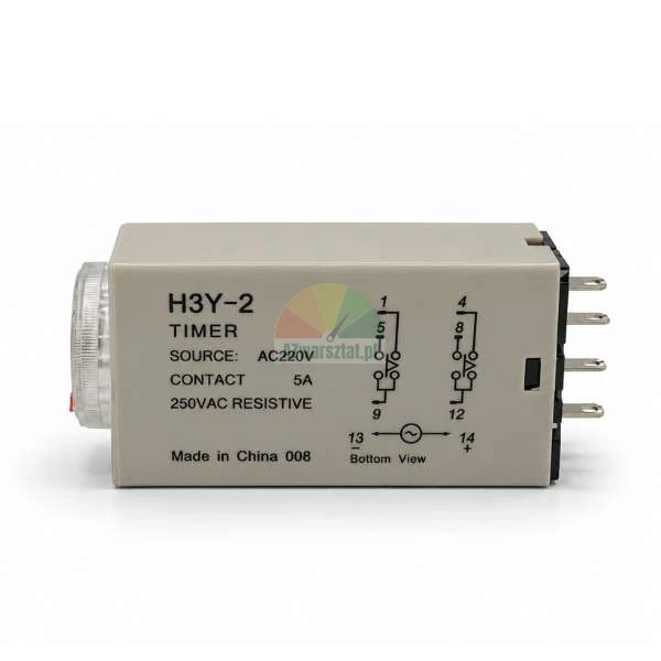 Zeitrelais H3Y-2, 220V AC Spannungsquelle, 5A Kontakt, Seitenansicht mit technischem Diagramm.