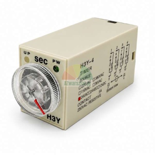 Zeitrelais H3Y-4 AC 24V mit einem Bereich von 5 Sekunden, 14-polig, mit Einstellknopf und Schaltplan auf dem Gehäuse.