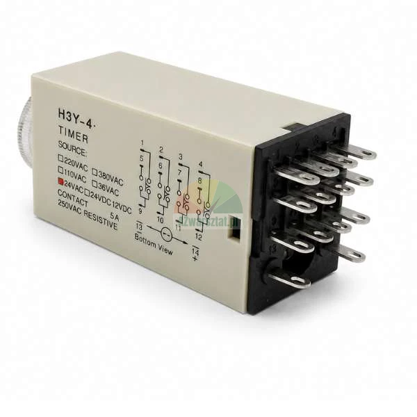 Zeitrelais H3Y-4 mit sichtbarem Schaltplan und Pins auf einem hellbeige Gehäuse.