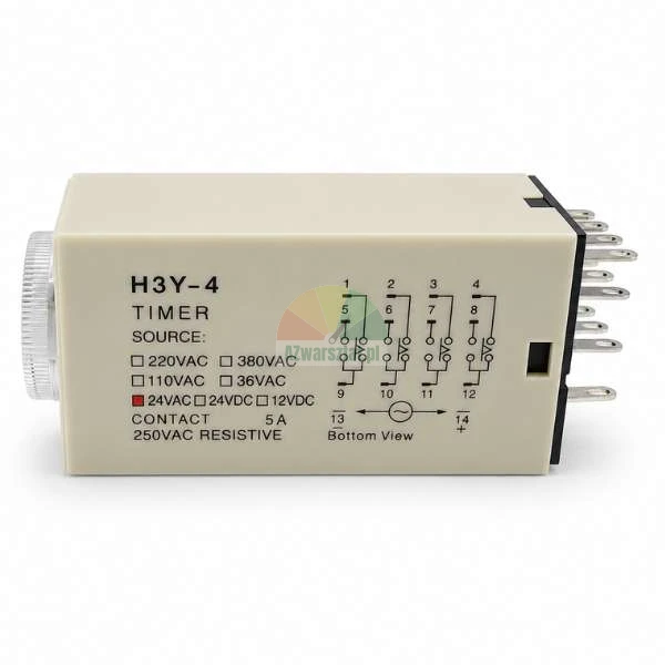 Elektronisches Zeitrelais H3Y-4 mit 24VAC Spannungsquelle und Schaltplan auf dem beigen Gehäuse.