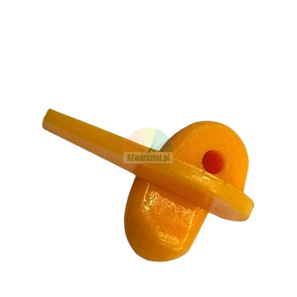 Oranges T-förmiges Befestigungselement aus Kunststoff mit einem Loch auf weißem Hintergrund.