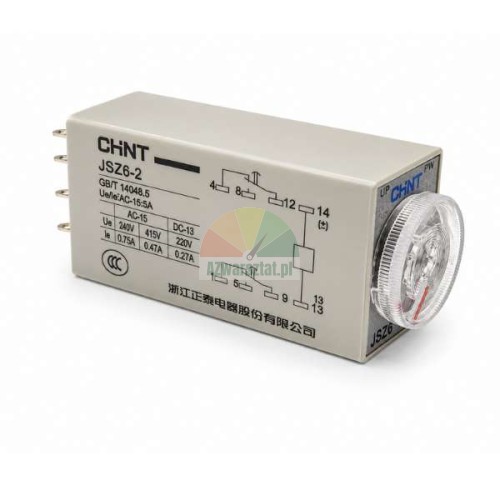 CHNT JSZ6-2 Zeitrelais, DC 24V, 10s, 8 PIN, graues Gehäuse mit Einstellrad und Schaltplan.