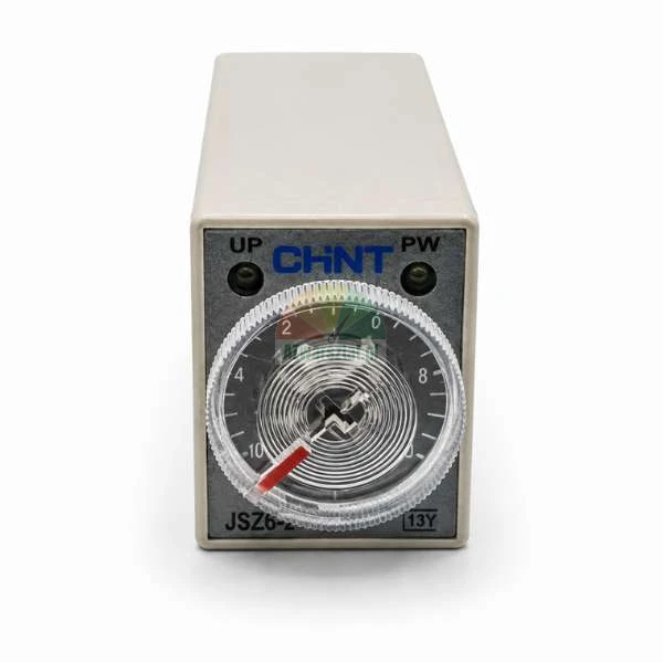 CHINT JSZ6-2 Zeitrelais mit Einstellrad, grauem Gehäuse und LED-Statusanzeigen.