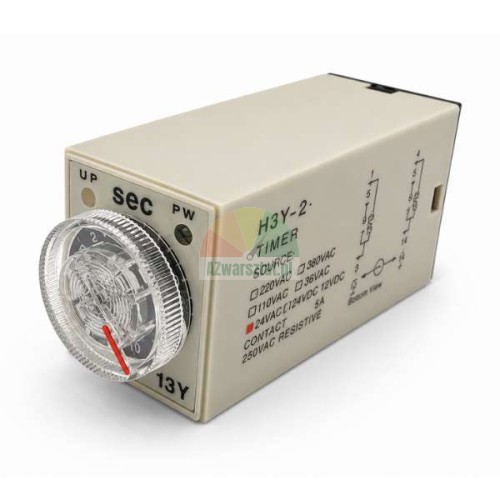 Zeitrelais H3Y-2 AC 24V mit 10-Sekunden-Einstellrad und Schaltplan auf dem Gehäuse.