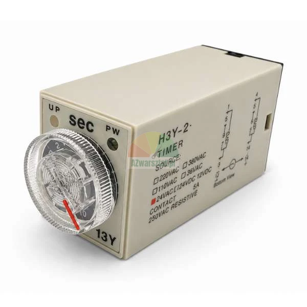 Zeitrelais H3Y-2 AC 24V mit 10-Sekunden-Einstellrad und Schaltplan auf dem Gehäuse.
