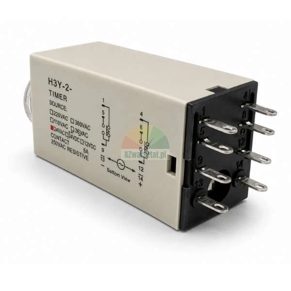 H3Y-2 Zeitrelais mit 8 Pins, 24VAC Spannungsversorgung, Schaltplan und Anschlussbelegung auf der Seite sichtbar.