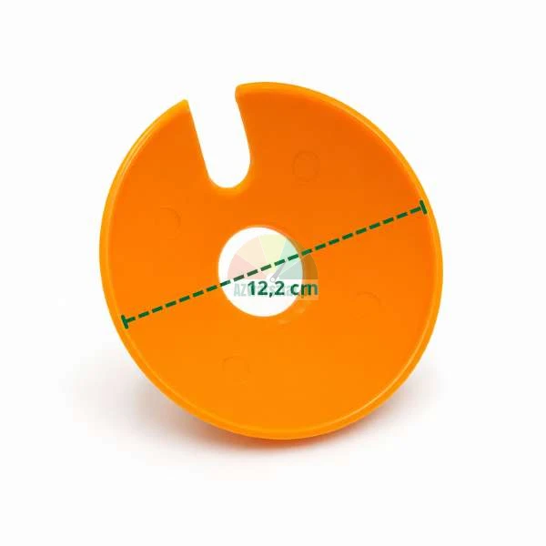 Orange Distanzscheibe mit einem Durchmesser von 12,2 cm, Zentralloch und Einkerbung.