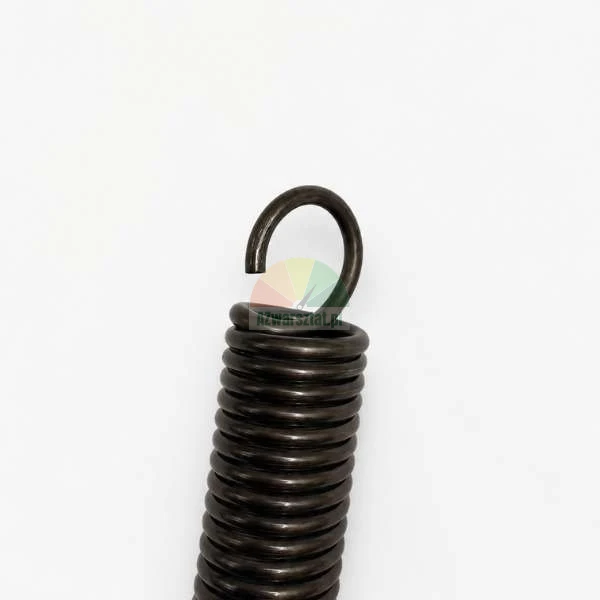 Schwarze Metall-Zugfeder mit Haken auf weißem Hintergrund.