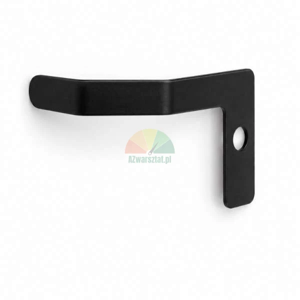 Schwarze, matte Metallhalterung oder Haken in gebogener Form mit einem Montageloch auf weißem Hintergrund.