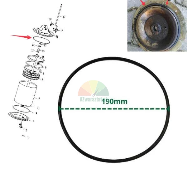 Schwarzer Gummi-O-Ring mit 190mm Durchmesser, abgebildet auf einer technischen Zeichnung und einem Foto des Ersatzteils.