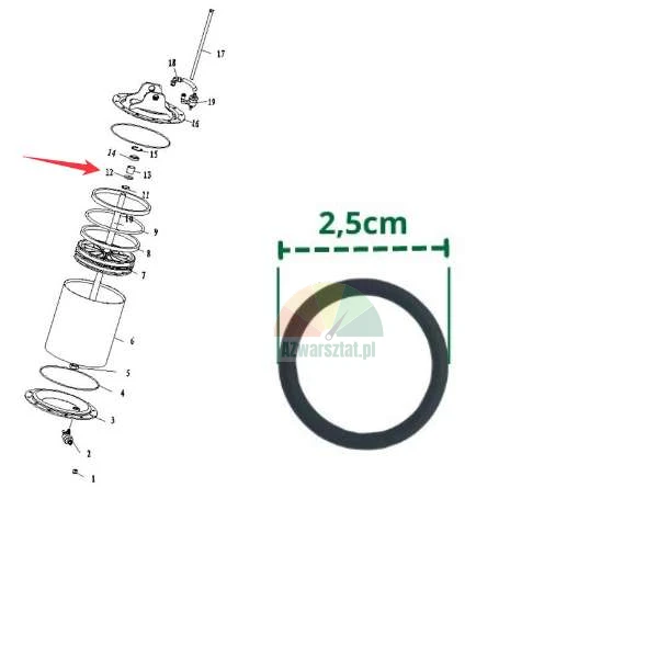 Technische Teilezeichnung mit einem roten Pfeil auf eine bestimmte Dichtung und einer Detailansicht eines schwarzen Dichtrings mit 2,5 cm Durchmesser
