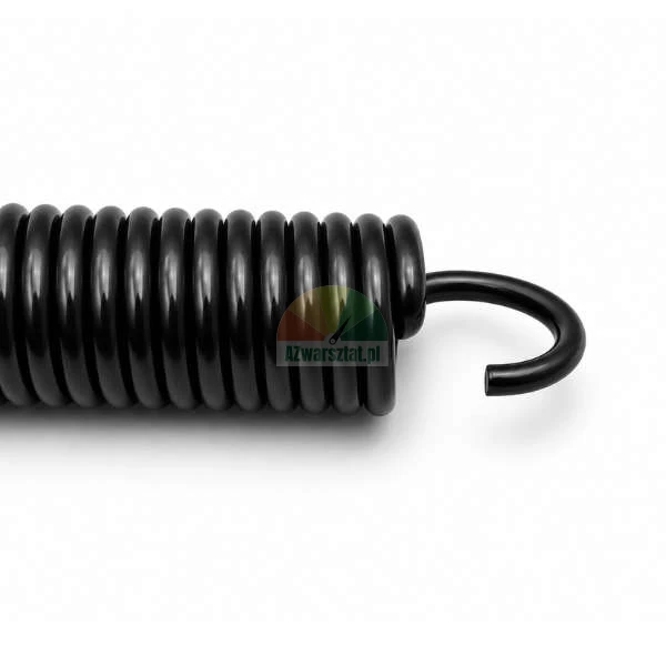 Schwarze Metall-Zugfeder mit einem Hakenende vor hellem Hintergrund.