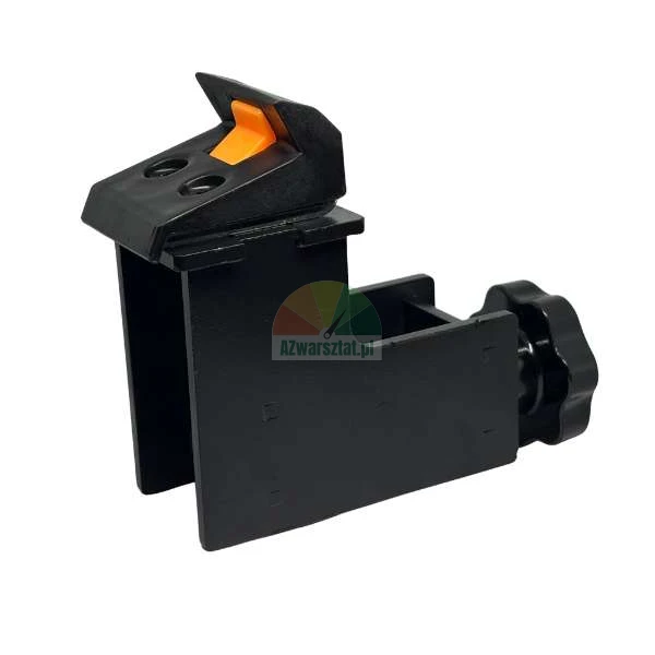 Schwarzer Klappanschlag für Führungsschiene mit orangefarbenem Element und Feststellknopf.
