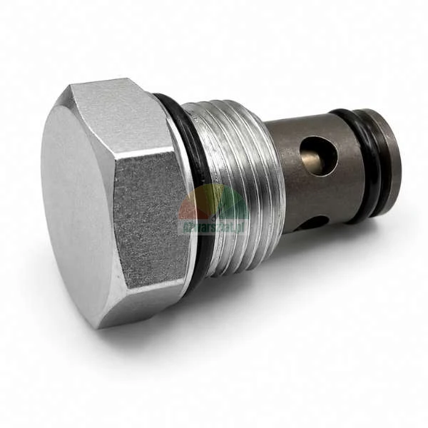 Hydraulisches Einschraubventil mit Sechskantkopf, Gewindekörper und schwarzen O-Ring-Dichtungen auf weißem Hintergrund.