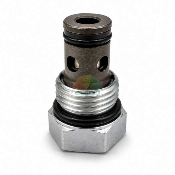 Hydraulisches Einschraubventil mit Gewinde, O-Ringen und Sechskantsockel auf weißem Hintergrund.