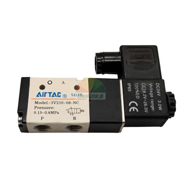Pneumatisches Magnetventil AirTAC 3V210-08-NC, 3/2-Wege, stromlos geschlossen (NC), Spannung 24V DC, Druck 0.15-0.8 MPa.