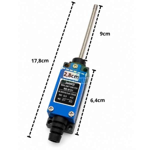 Grenztaster ME-9101 mit flexibler Feder und Abmessungen