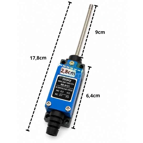 Grenztaster ME-9101 mit flexibler Feder und Abmessungen