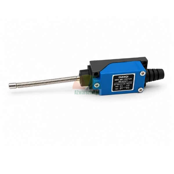 Dianqi ME-9101 Mini-Grenztaster mit flexiblem Federstab-Aktuator und blauem Gehäuse auf weißem Hintergrund.
