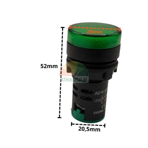 Grüne LED-Signalleuchte 22mm AC/DC 24V mit Maßen: Höhe 52mm, Kopfdurchmesser 28mm, Einbaudurchmesser 20,5mm.