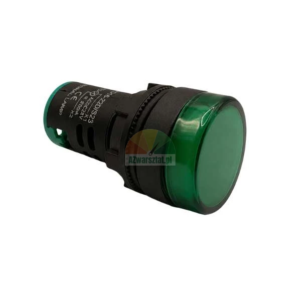 Grüne LED-Meldeleuchte AC/DC 24V mit runder Linse und schwarzem zylindrischem Gehäuse