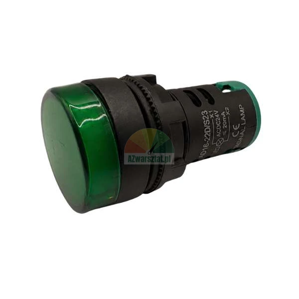 Grüne Industrie-LED-Signalleuchte Modell AD16-22D mit schwarzem Gehäuse, ausgelegt für AC/DC 24V.