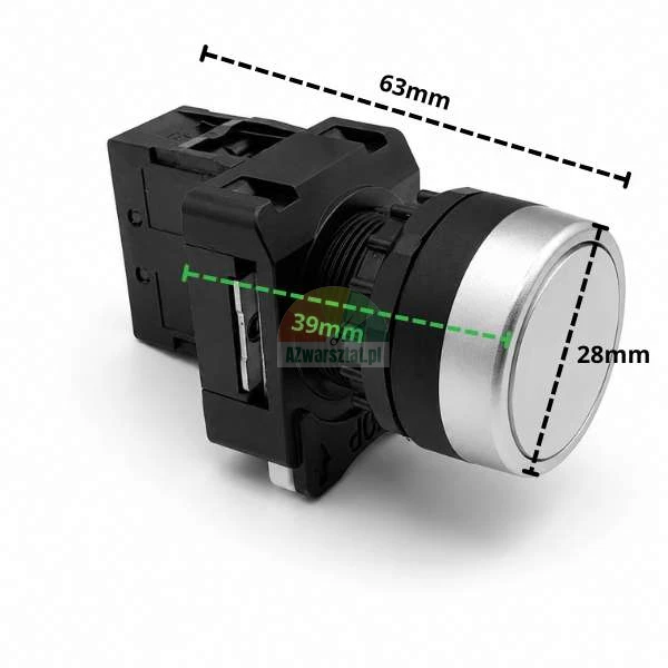 Weißer Drucktaster XB2 1xNO mit Abmessungen: Länge 63 mm, Durchmesser 28 mm, Montagebreite 39 mm.
