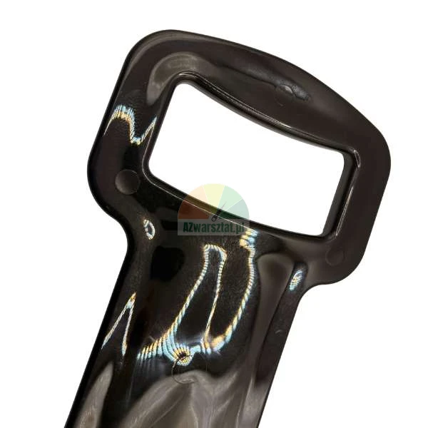 Nahaufnahme eines schwarzen, glänzenden Kunststoffgriffs mit ergonomischer Form.