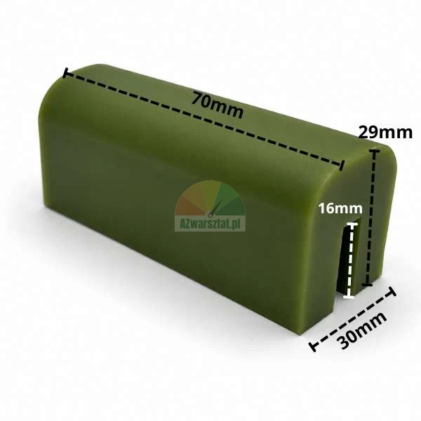 Grüner Gleitblock für Hebebühne 70mm x 30mm x 29mm mit Maßangaben.